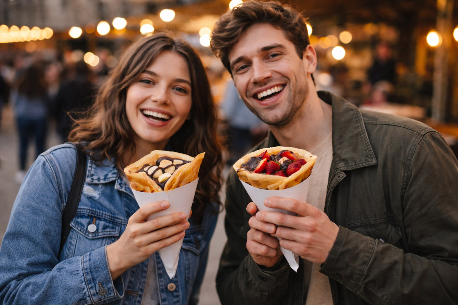Två glada personer håller nygjorda crêpes i street food-miljö under kvällstid.