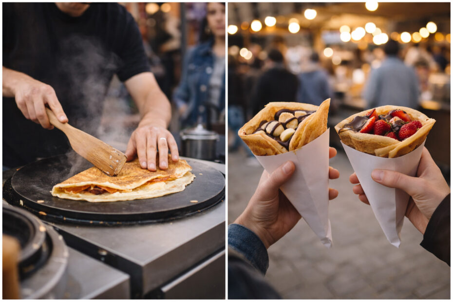 Crêpe tillagas på stekbord i street food-miljö med fokus på hantverk.