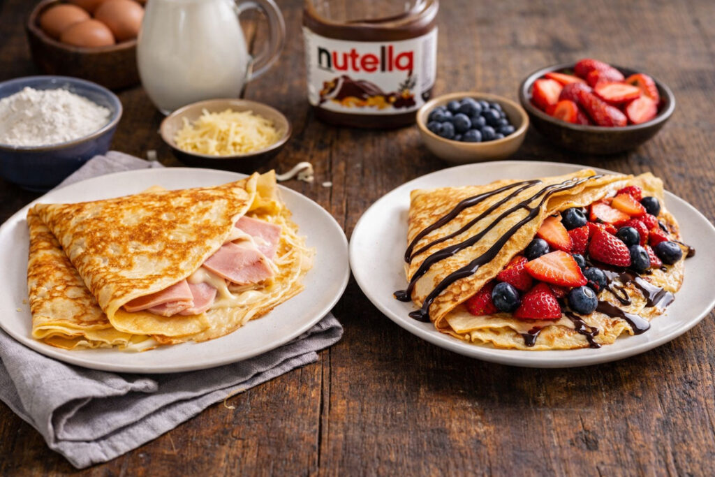 Söta och matiga crêpes med bär, choklad, ost och skinka serverade på tallrik.
