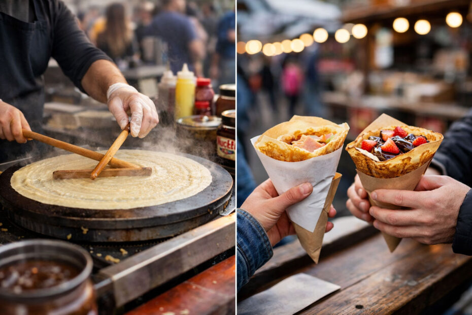 Crêpes tillagas på stor stekhäll av street food-kock under event